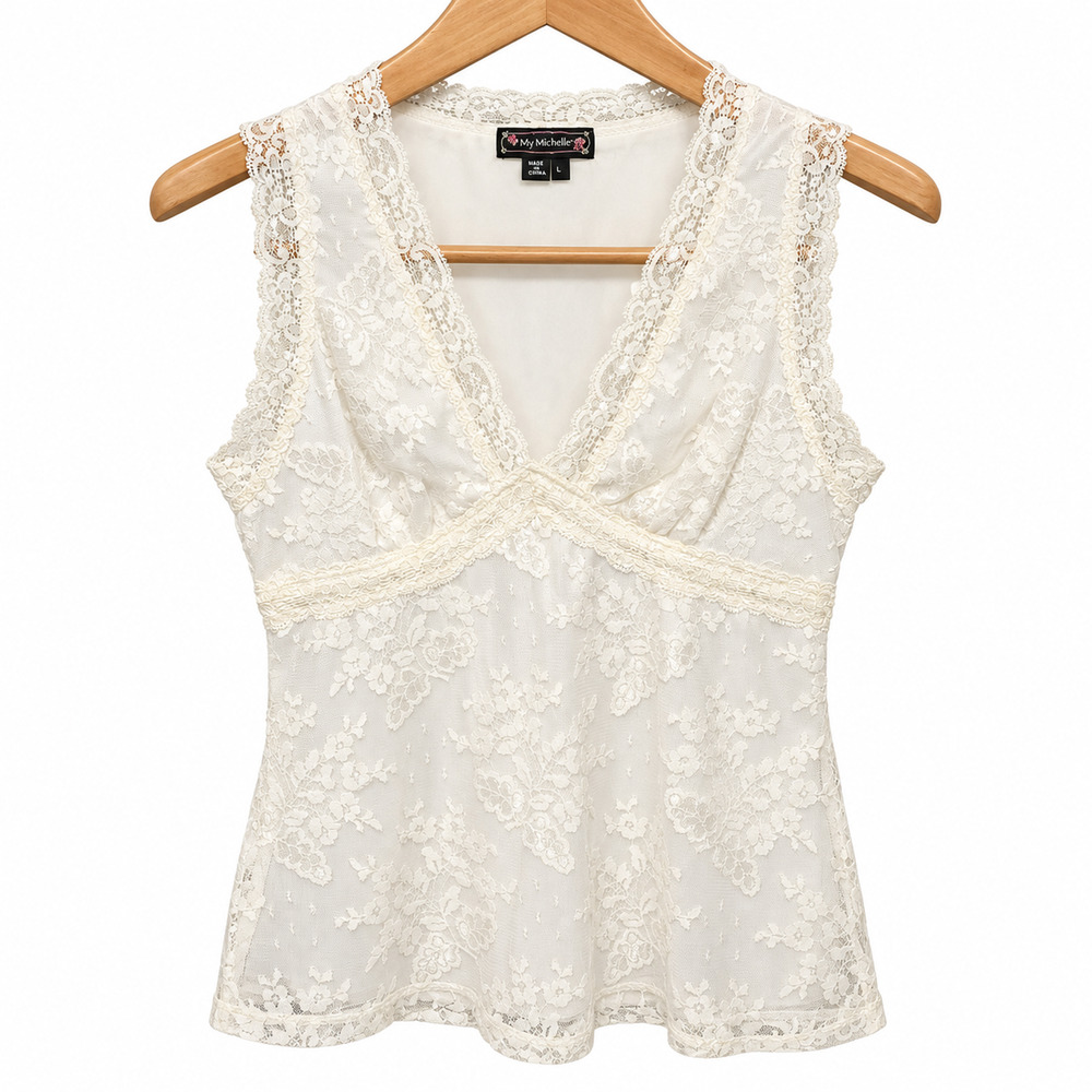 My Michelle Lace Baby Doll Camisole Juniors L White Floral Lace V-Neck Whimsy
